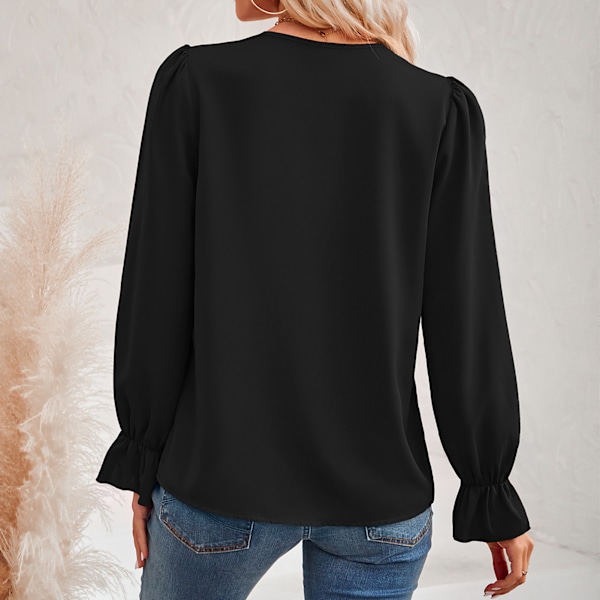 Dam V-ringad Topp Långärmad Spetsskarvad Skjorta Volangärm Skjorta Lös Casual Blus Svart XL
