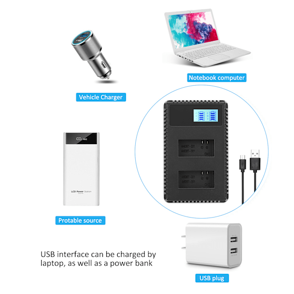 Bærbar kamera batterilader for AHDBT‑301 USB kamera dobbel lader med LCD-skjerm