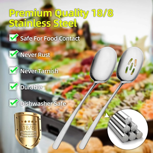 Stor serveringssked set, hålslev och serveringssked, högkvalitativ skedsilver, matlagningssked, pastaslev, blandningssked, livsmedelskvalitet 18/8