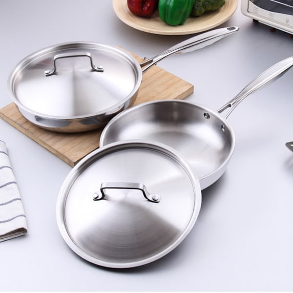 304/403 Rostfritt Stål Trefasad Platt Non-stick Stekpanna 24cm med Grytlock