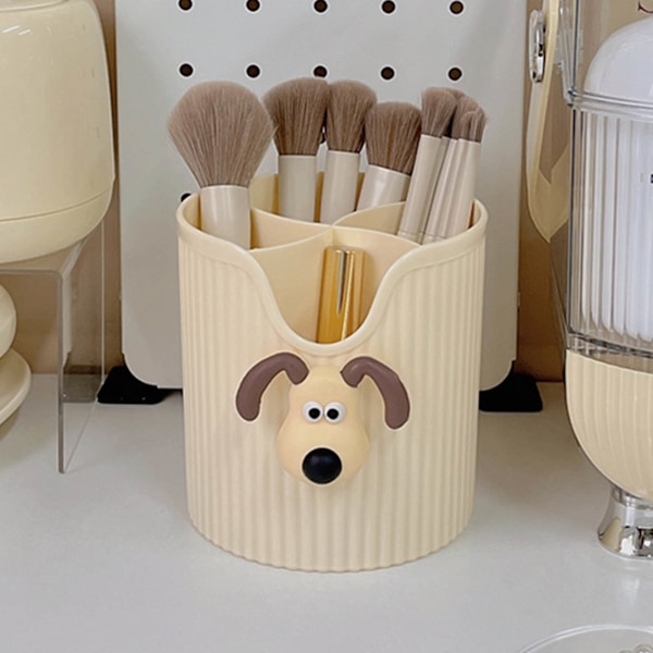 Skrivebords blyant pen holder 4 rum stor kapacitet sød skoleartikler makeup børste organizer mælkehvid hund hoved