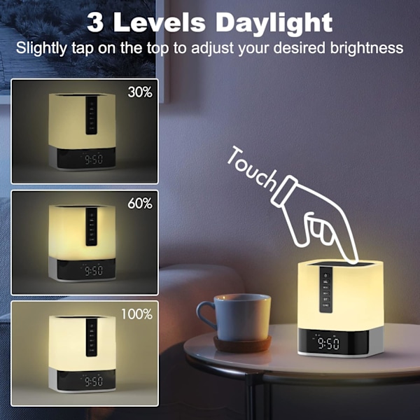 Perfekt 360-graders ljud Bluetooth-högtalare, multifunktionell enhet för väckarklocka i sovrummet, dimbar flerfärgad beröringssensor LED-lampa