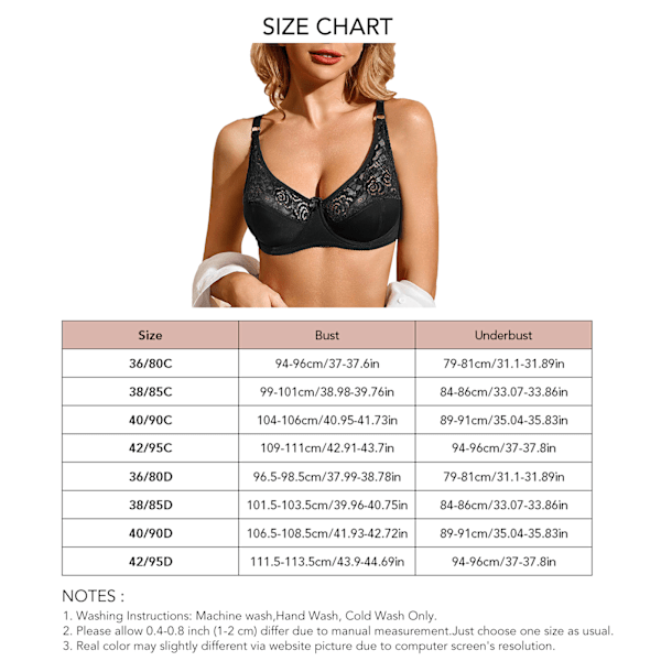 Dam Blommig Spets Racerback Bygel Bralette Push Up Kupor V-ringning Vardags BH Justerbara Axelband Bekväm Svart 36/80C