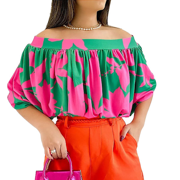 Fladdermusärm Topp Dam Off Shoulder Lös Rynkad Kort Flerfärgad Tryck för Sommar Rosröd S