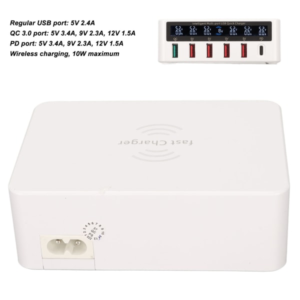6-porters USB-ladestasjon 100W trådløs smart hurtiglading multiport USB-hub-lader med LED-skjerm 100-240V