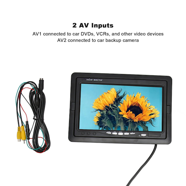 Bakkamera Monitor Støtteskærm Roterende 2 AV Indgang 7 Tommer TFT Farverig LCD Monitor til Bil DVD Overvågningskamera