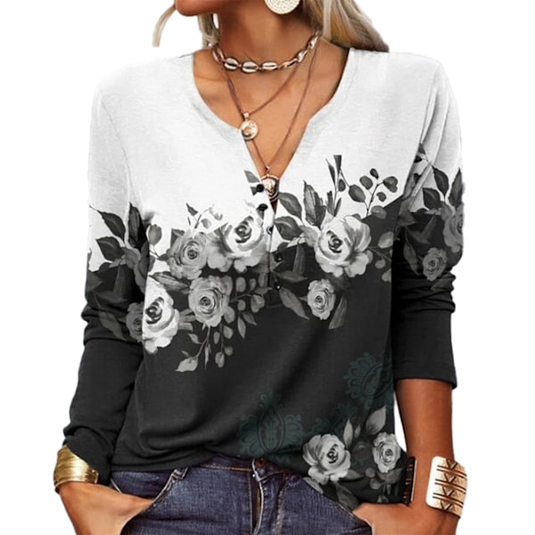 Dam Casual Topp Skårad Hals Långärmad Tryck Trendig Elegant Casual Passform Blus Svart XL