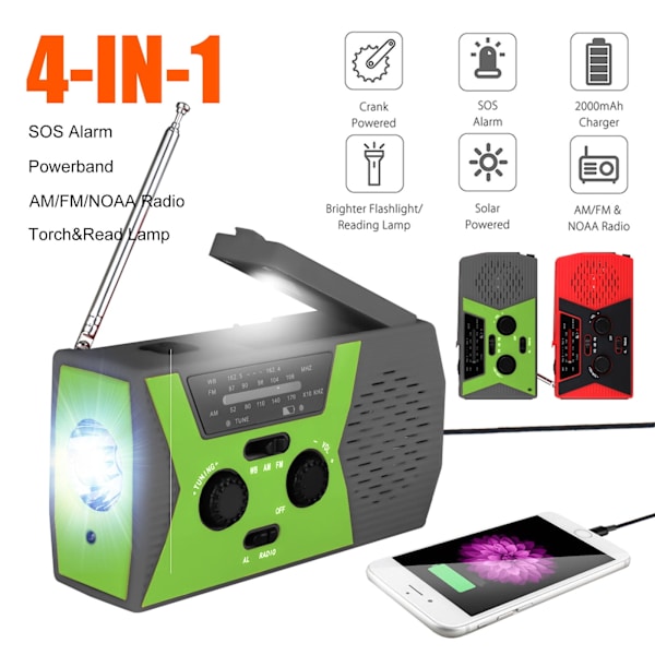 Nödhandvevradio med 3 LED-ficklampa, AM/FM/NOAA bärbar väderradio med 2000mAh Power Bank telefonladdare, solenergi USB