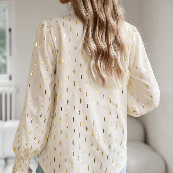 Dam Lång Puffärm Blus V-ringad Rynkad Manschett Gyllene Prickar Elegant Casual Pullover Topp Aprikos XL