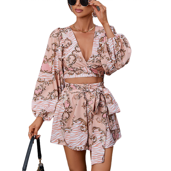Dam Jumpsuit Urskuren Djup V-ringning Lykta Långärmad Bälte Shorts Slim Fit Jumpsuit Rosa XL