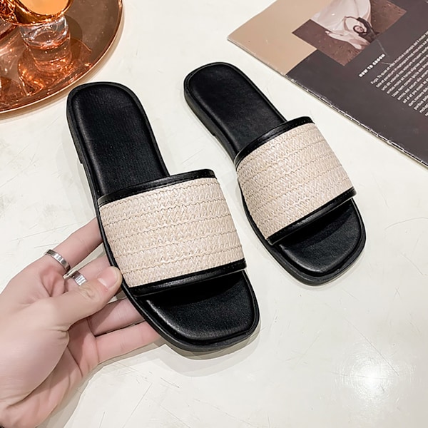1 Par Vävda Tofflor Dam Retro Platt Botten Enkel Rem Sandaler Fransk Nisch Sommarskor Svart Storlek 38