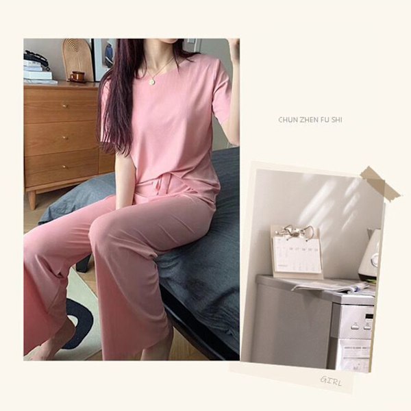 Kortärmad pyjamas Andningsbar kortärmad is-silke nattkläder Skjorta Shorts Pyjamasset för kvinnor Rosa