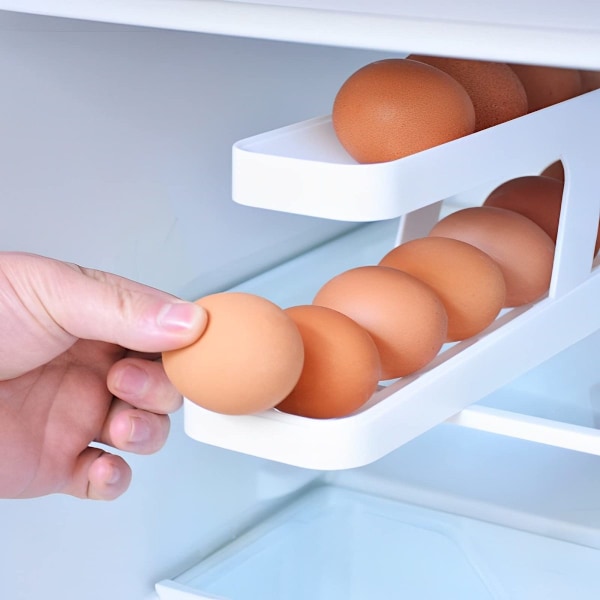 Automatisk rullande äggförvaringskyl, 2-lagers äggförvaringsbehållare för kylskåpsutrymme Besparande äggbricka Äggorganisatör för kylskåpsbänk