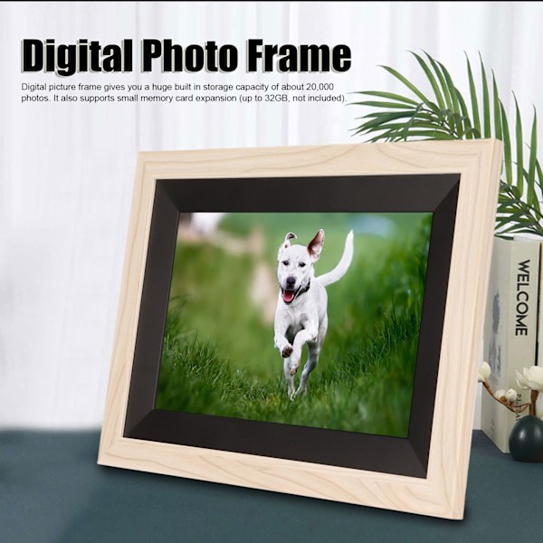 10,1 tommers digital fotoramme 1280x800 IPS berøringsskjerm WiFi elektronisk fotoramme med treramme 100‑240V EU-plugg
