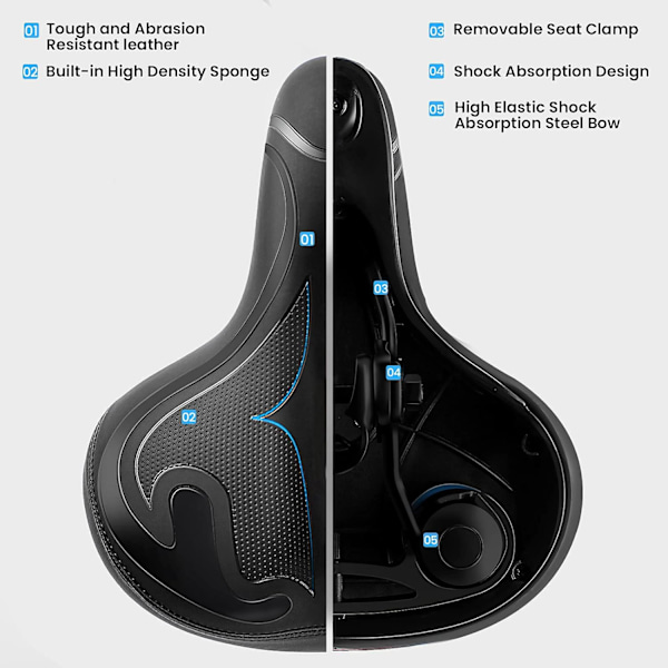 Andningsbart cykelsäte i memory foam, tyst fjädring med vattentätt läderöverdrag, ergonomisk design för säkra natturer