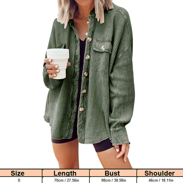 Våffelvåfflad Skjorta med Knappar Oversized Boyfriend Skjortjacka Lös Casual Dam Våffelvåfflad Shacket för Höst Vinter