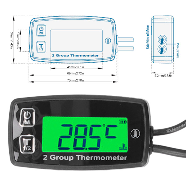 Dubbelkanal LCD-termometer Motortemperaturmätare Digital display med grön bakgrundsbelysning för motorcykelbåt ATV