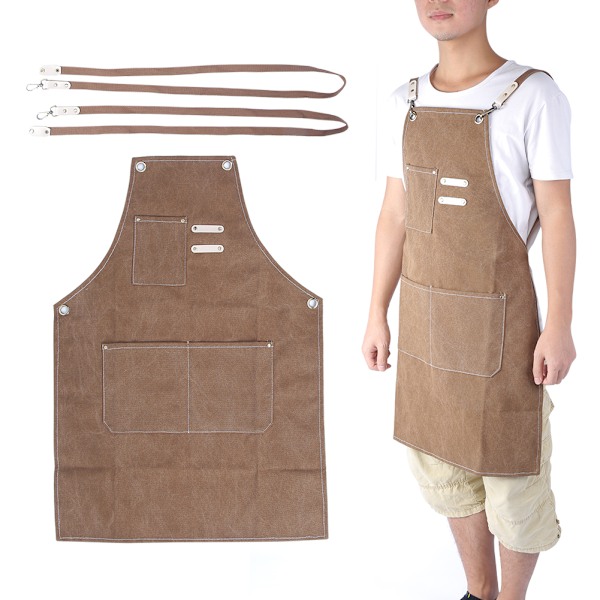 Elegant kockförkläde, Canvas bomullsförkläde med stora fickor, perfekt för matlagning, bakning, servering