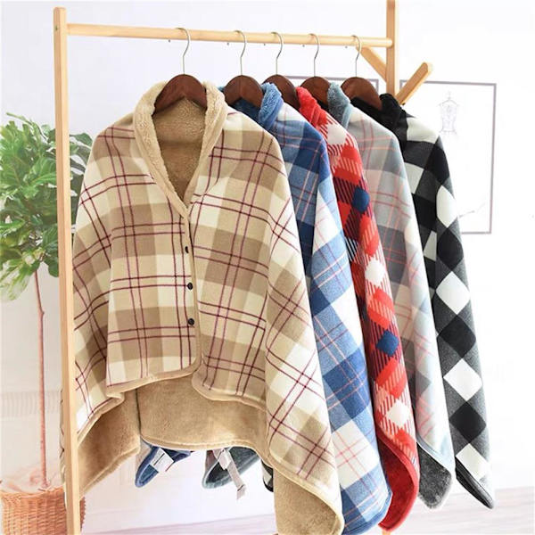 Bærbar Unisex Ternet Fleece Tæppe med Knap Dobbelt Lag Fortykket Knæ Tæppe Blødt Lur Sjal Tæppe