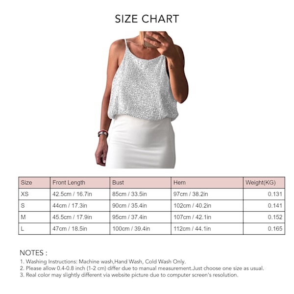 Dam Camisole Topp Paljetter V-ringning Rund Hals Framsida Baksida Använd Bekväm Ärmlös Camisole Topp Silver S