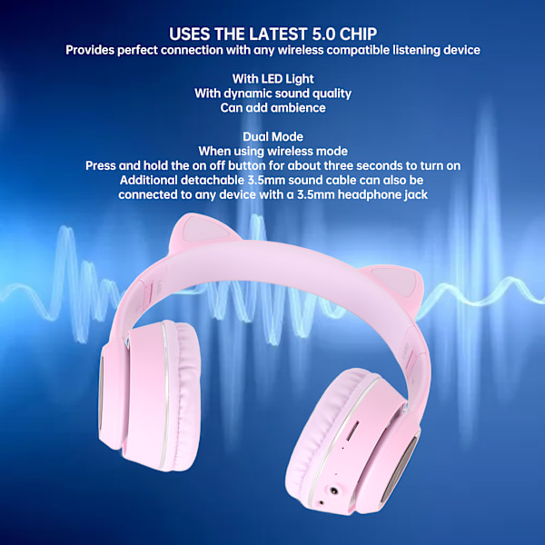 Bluetooth-kissan korvat kuulokkeet HiFi-stereo, sisäänrakennettu mikrofoni, muistikortin tuki, linjatulo, langattomat kuulokkeet LED-valolla, violetti