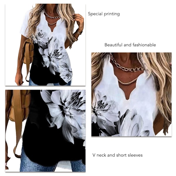 Dam V-ringad Topp Kortärmad Lös Passform Vackert Tryck Casual Sommar T-shirts Svarta Blommor XXL