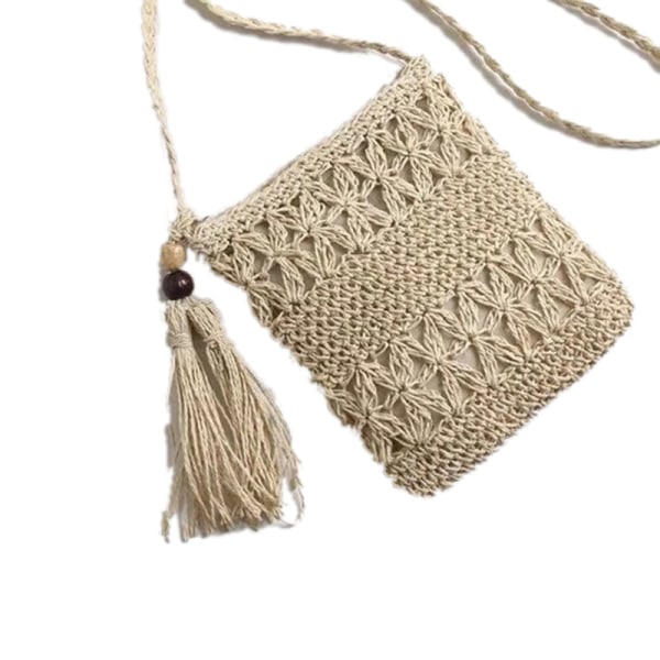 Halmveske i satengvev, håndstrikket, firkantet form, dusker, vevd veske for strand, dating, beige