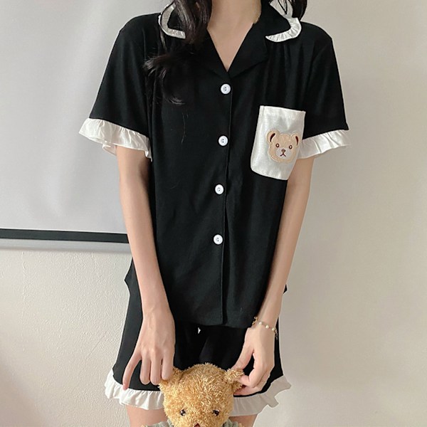 Dam Kortärmad Pyjamas Set Nedvikt Krage Volangdetaljer Tvådelad Topp Shorts Nattkläder Svart XL