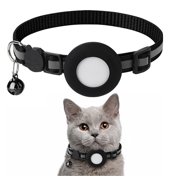 Sött Halsband med Spänne för Katt, Säkerhetsspänne med Spårare för Små Husdjur i Svart med Reflexdesign (Justerbar Längd)