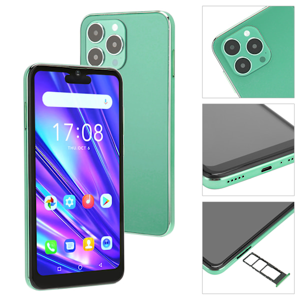I14 Pro Max Smartphone för Android 8.1 6.1in 4GB RAM 32GB ROM MTK6580A Mobiltelefon Fram 5MP Bak 8MP med 64G Minneskort Expansion 100‑240V Grön