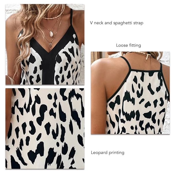 Dam V-ringad Tank Top Spaghettiband Leopardtryck Lös Passform Sommar Ärmlös Väst Vit XL