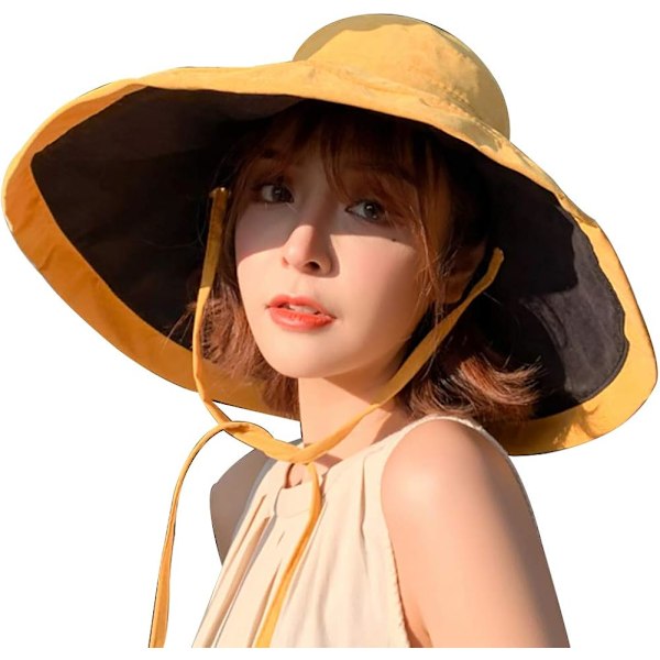 Solhatt för kvinnor, hopfällbar och vändbar bucket hat med UV-skydd, bredbrättad sommarhatt för stranden$Solhatt för kvinnor, bredbrättad sommarhatt för stranden Yellow
