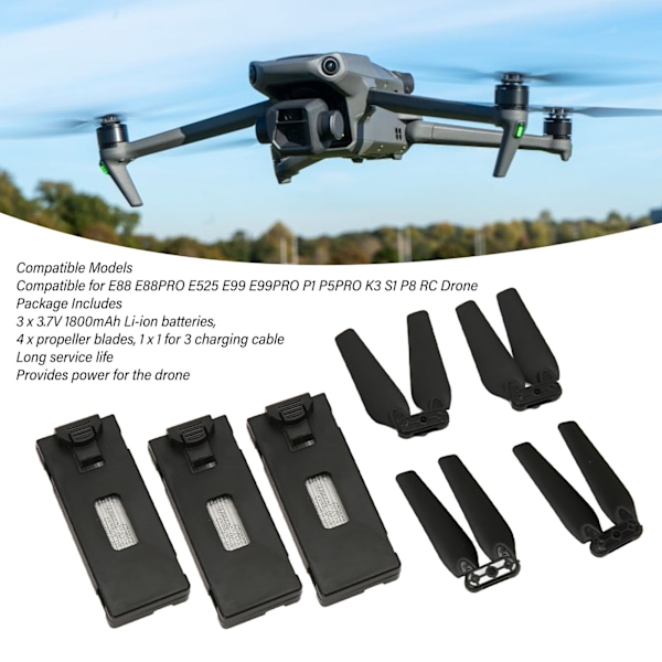 3PCS 3.7V 1800mAh Drönare Batteri Plug and Play RC UAV Batteri med Propellerblad för E88 E88PRO E525 E99 E99PRO P1 K3 S1