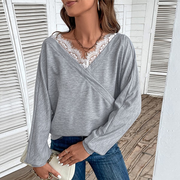 Dam Långärmad Topp V-ringad Spetskant Lös Passform Casual Pullover Topp för Utomhusbruk Ljusgrå XL