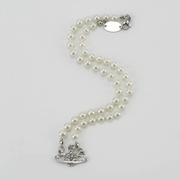 Rhinestone Faux Planet Saturn Perlekjede for Kvinner Silver