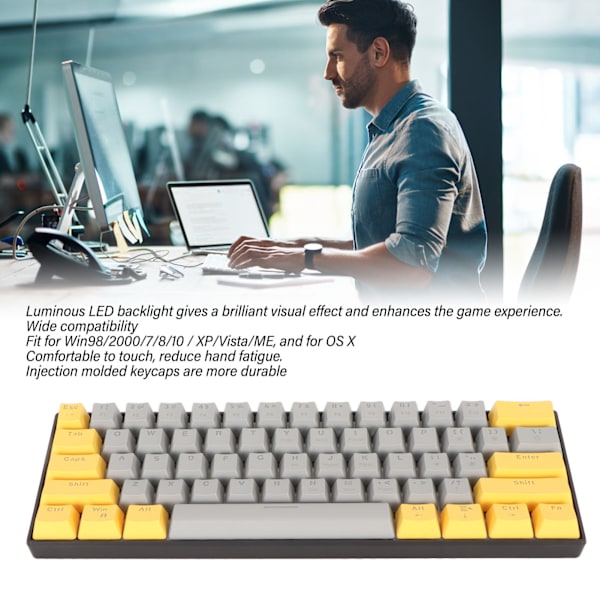 61-tasters mekanisk tastatur, bærbar, kompakt 60% gaming tastatur med LED-baggrundsbelysning til Windows PC-bærbar computer