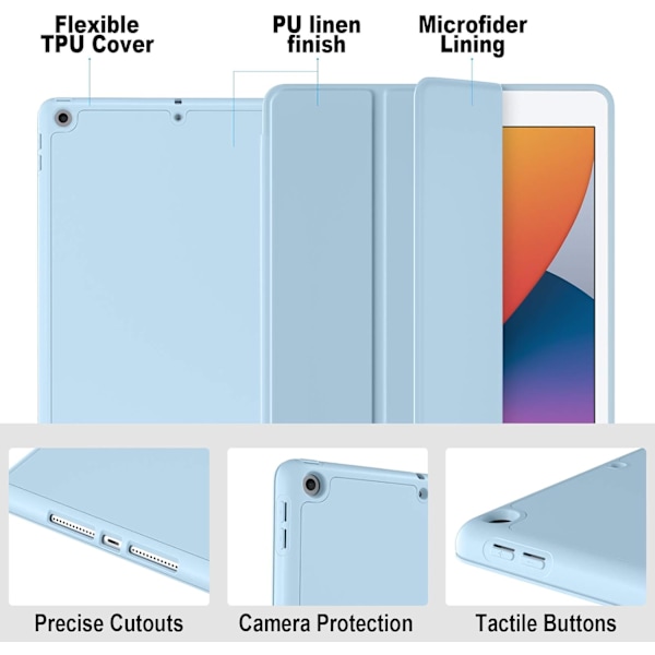 iPad 10.2 tums fodral, himmelsblått slitstarkt PU-läder med flexibel TPU, smart magnetiskt stativ, trefaldigt för automatisk väckning/viloläge
