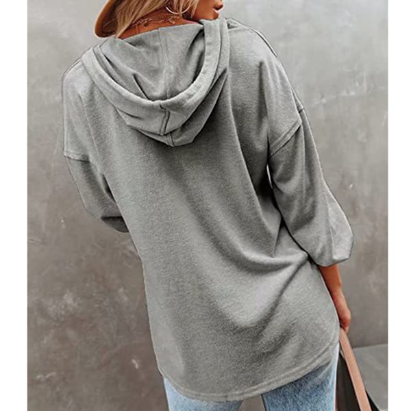 Dam Knapp Hoodie V-ringning Långärmad Tröja Toppar Med Dragsko för Kontor Träning Grå L