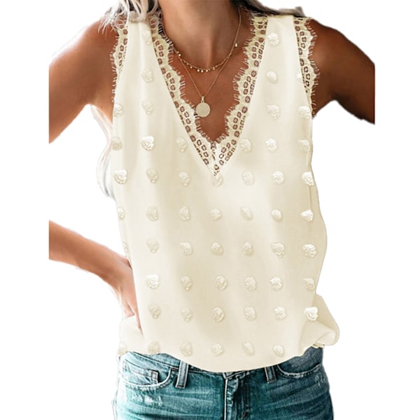 Dam Spets V-ringad Tanktopp Sommar Mode Prickig Jacquard Dam Sommar Ärmlös Blus Topp för Daglig Dejt Resa Fest Aprikos XXL