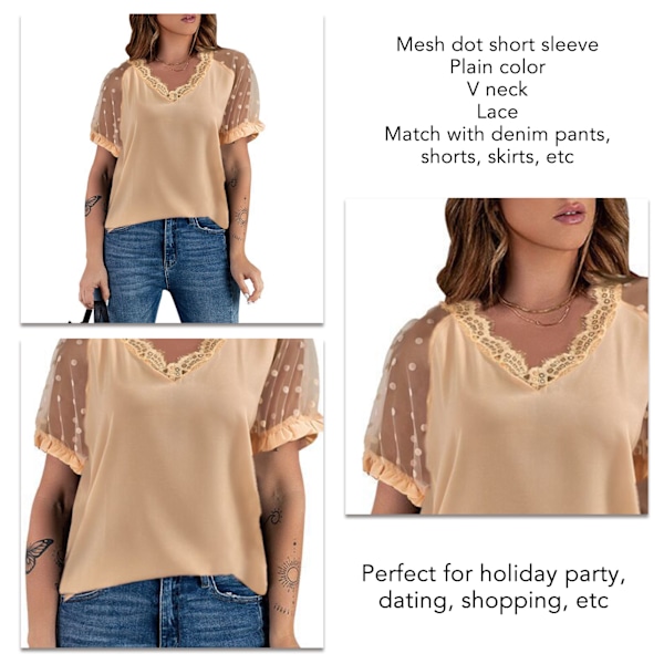 Mesh Dot Kortärmad Topp Dam Casual Elegant Stilren Enfärgad V-ringad Spetsskjorta Blus för Arbete Aprikos M