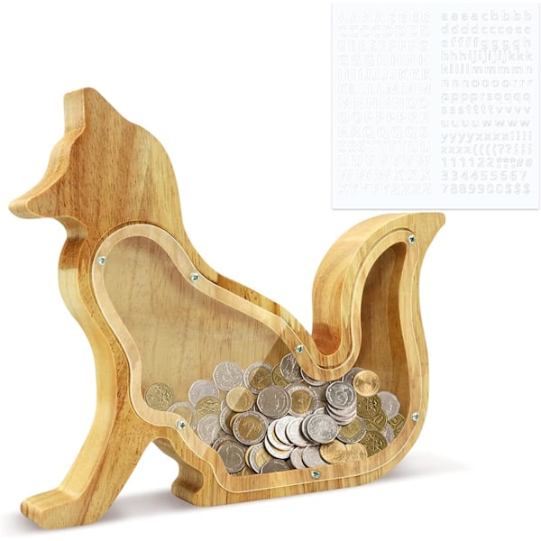 Genomskinlig spargris, personlig spargris för pojkar och flickor, enkel åtkomst genom att ta bort skruvar och transparent panel, spargris i trä med dinosaurie,