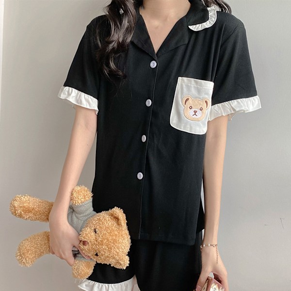 Dam Kortärmad Pyjamas Set Nedvikt Krage Volangdetaljer Tvådelad Topp Shorts Nattkläder Svart XL