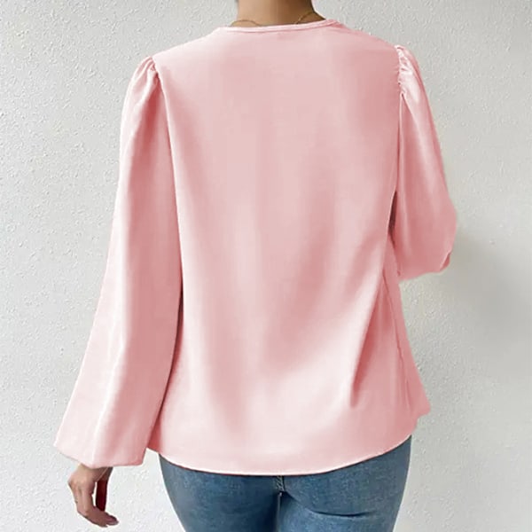 Dam Draperad Krås Krage Långärmad Skjorta V-ringad Enfärgad Topp Mode Puffärm Topp Rosa 3XL