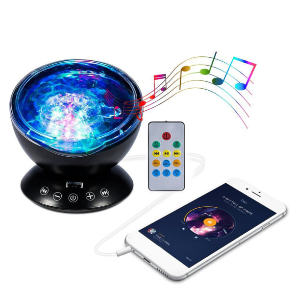 LED Ocean Wave Natlampe Projektor Med 7 Farver Lys Indbygget Blød Musik Sort