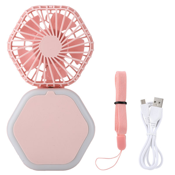 Kannettava taitettava USB-ladattava tuuletin peilillä LED-valolla 3-in-1 monitoiminen (vaaleanpunainen)