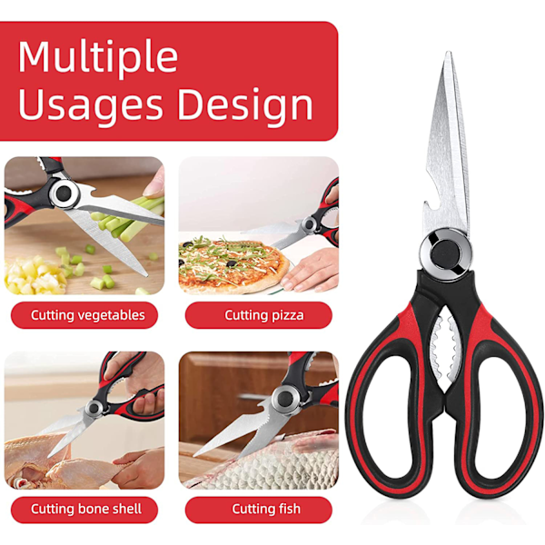 Precisionsskurna kökssaxar, kraftiga blad i rostfritt stål, komfortgrepp, ergonomisk design, diskmaskinssäker, lätt att rengöra, två