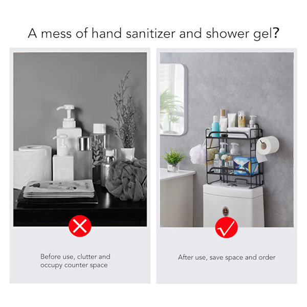 Toilet Opbevaring Hylder Jern Vægmonteret 2 Lag Foldbar Gitter Hjem Indretning med Kroge til Badeværelse Sort