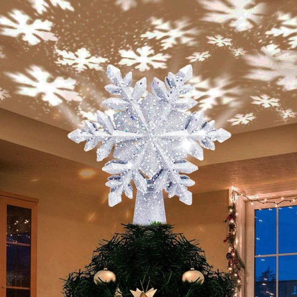 Christmas Tree Topper Lighted, LED Rotating Snowflake, 3D Glit