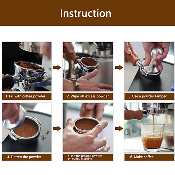 Espressostamp i rostfritt stål med platt bas, kalibrerad för jämn pressning, ergonomiskt grepp i massivt trä för komfort, professionellt handgjort verktyg