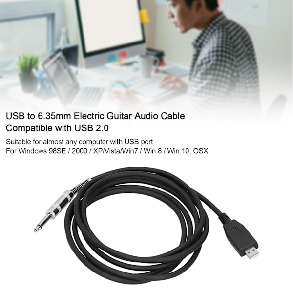 USB till 6,35 mm elektrisk gitarr ljudkabel Plug Play ljudadapterkontaktkabel sladd